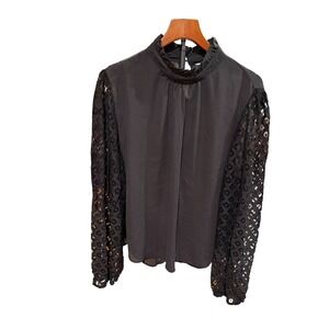 Black Mock Neck Ruffle Blouse Lace Balloon Sleeves Keyhole Back Dark Goth Top L